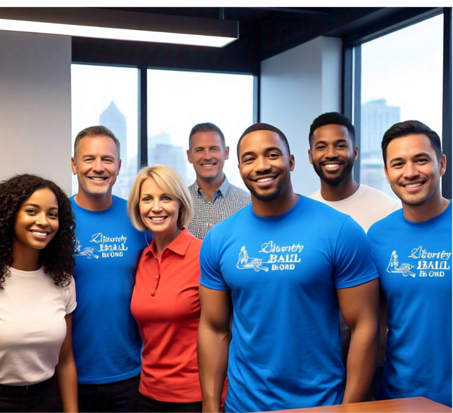 The Liberty Bail Bond team posing in t-shirts at the Jackson, Mississippi office.