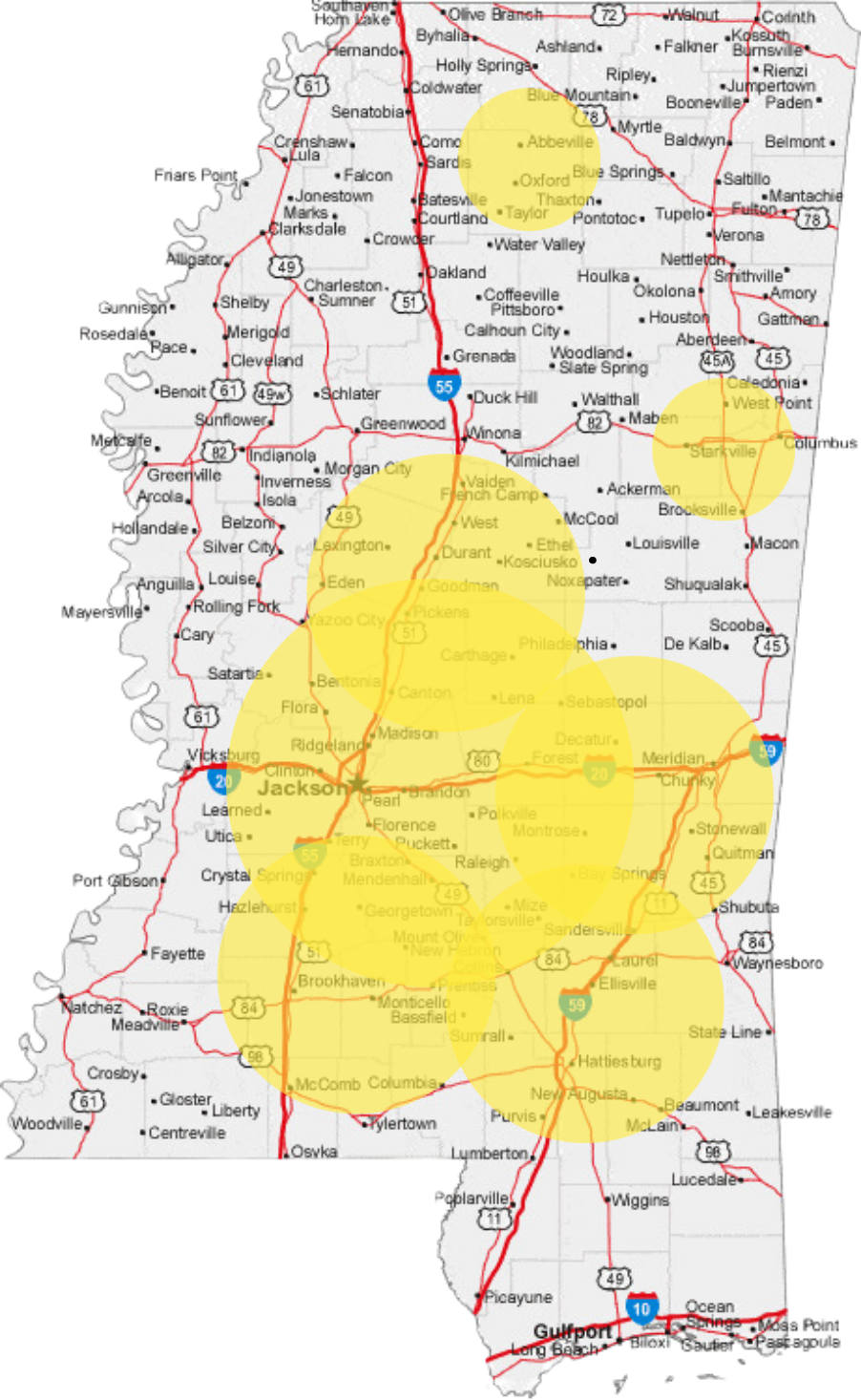 A map of the entire state of Mississippi displaying coverage of Liberty Bail Bonds. Liberty covers the entire state.