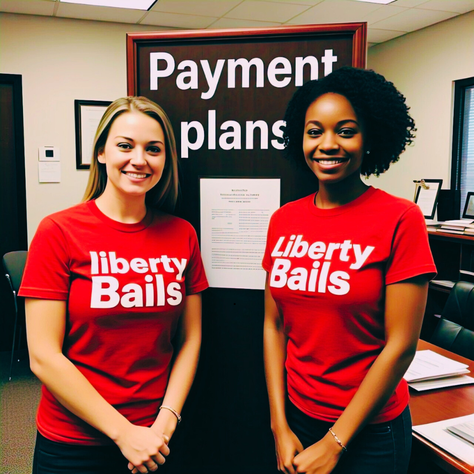 A pic of two women in red Liberty Bail Bonds t-shirts next to a sign that says Payment Plans available