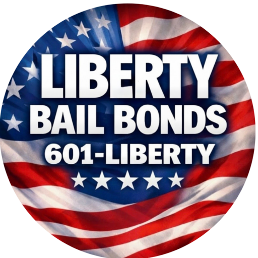 An American flag with the words Liberty Bail Bonds 601-LIBERTY written on it.