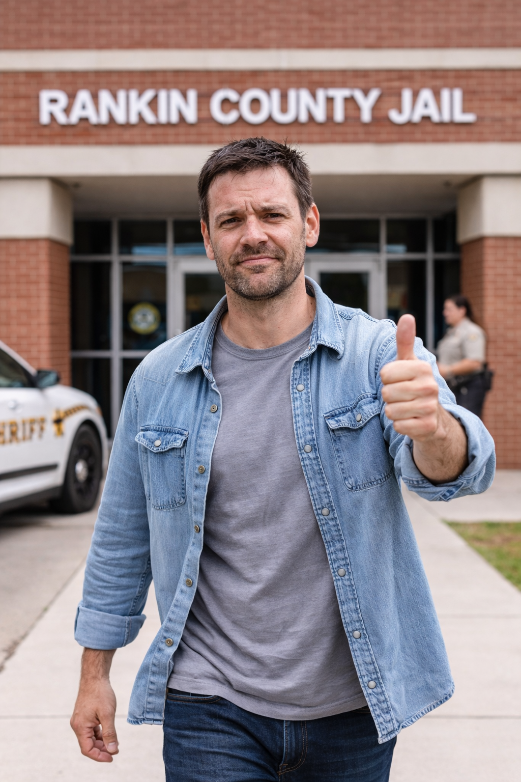Man released from Rankin County Jail in Brandon Mississippi giving thumbs up after using Liberty Bail Bonds fast bail services