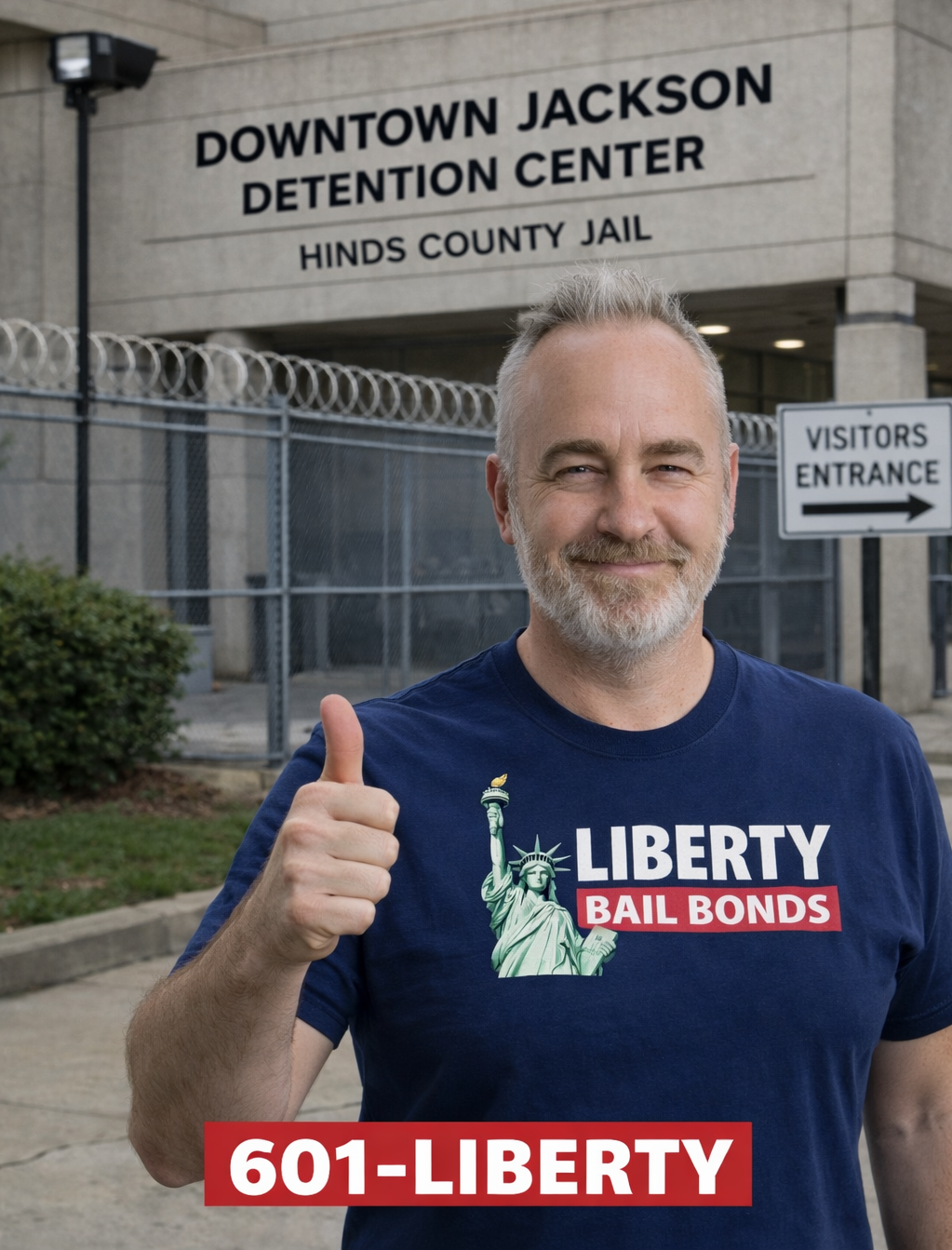 Jody Wages, owner of Liberty Bail Bonds wearing a Liberty Bail Bonds shirt giving a thumbs up outside the Downtown Jackson Detention Center in Hinds County, Mississippi, with 601-LIBERTY displayed for fast 24-hour bail bond services.