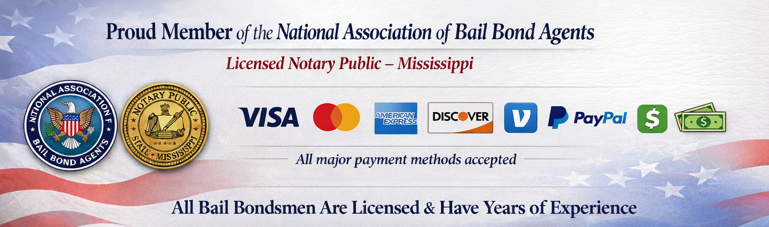 Liberty Bail Bonds Mississippi footer banner showing National Association of Bail Bond Agents membership, licensed notary public, experienced licensed bail bondsmen, and accepted payments including Visa Mastercard American Express Discover PayPal Venmo Cash App and cash