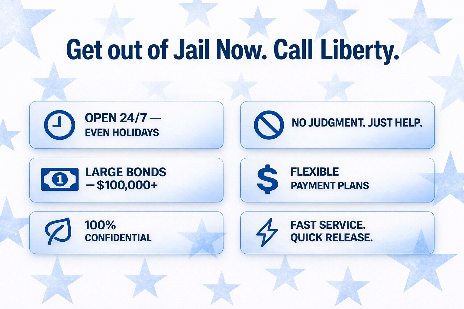 Liberty Bail Bonds infographic in Jackson, Mississippi featuring “Get out of Jail Now. Call Liberty.” with icons highlighting 24/7 bail bond service, no judgment, large bonds over 0,000, flexible payment plans, confidential assistance, and fast jail release.