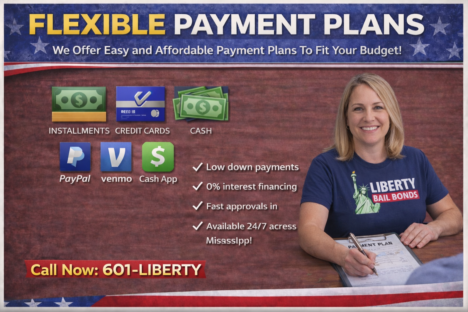 Professional female bail bonds agent wearing a Liberty Bail Bonds shirt assisting with payment plans, featuring flexible financing options, multiple payment methods, and 24/7 bail bond services in Jackson, Mississippi