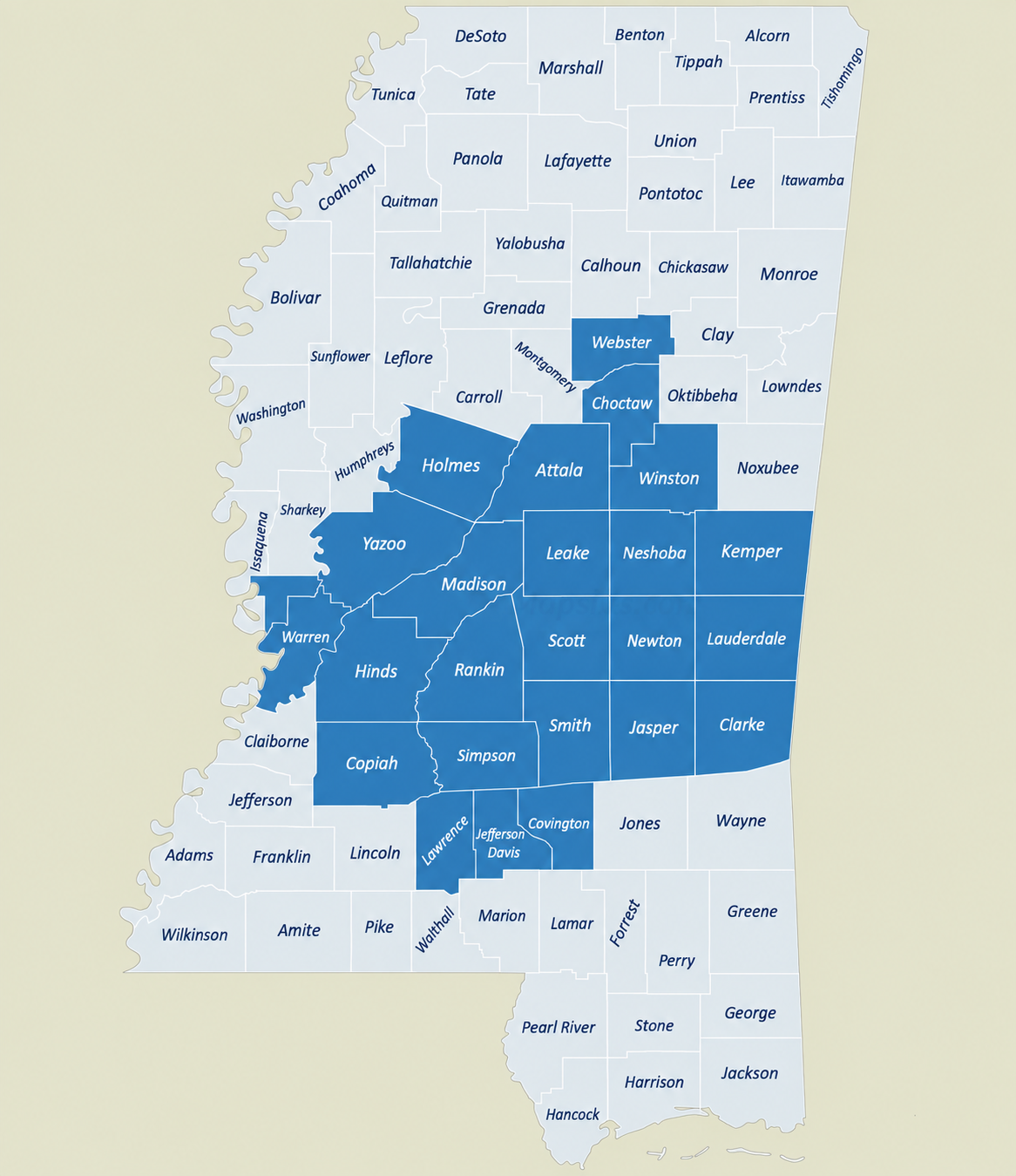Mississippi bail bond service areas map highlighting 24 counties served by Liberty Bail Bonds